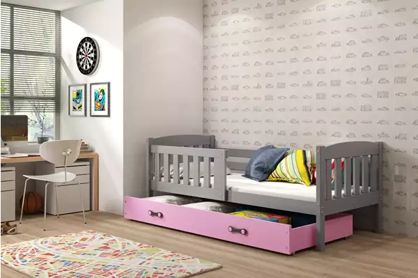 Visualisering av Enkelsäng för barn KUBUŚ 80X160 med madrass och låda, grafit/rosa