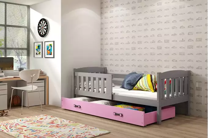 Visualisering av Enkelsäng för barn KUBUŚ 80X160 med madrass och låda, grafit/rosa