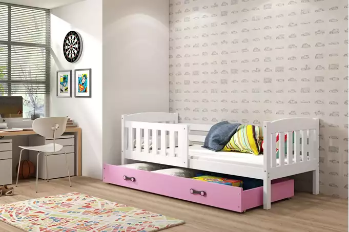 Visualisering av Enkelsäng för barn KUBUŚ 80X160 med madrass och låda, vit/rosa