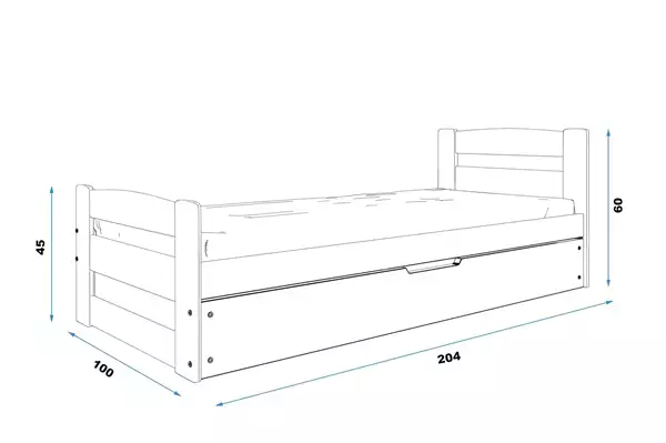 Storlek på Enkelsäng för unga ERNI 90X200 med förvaring, grafit
