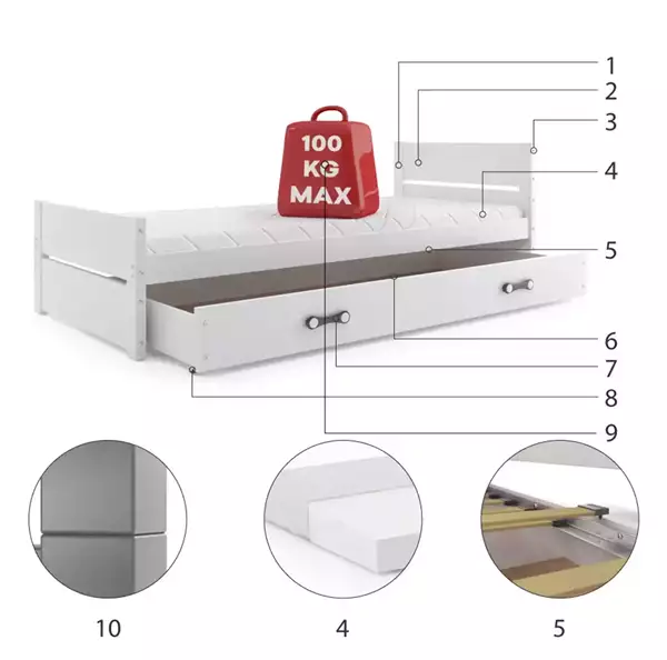 Beståndsdelar för Enkelsäng för ungdom BARTEK 90X200 med låda, vit