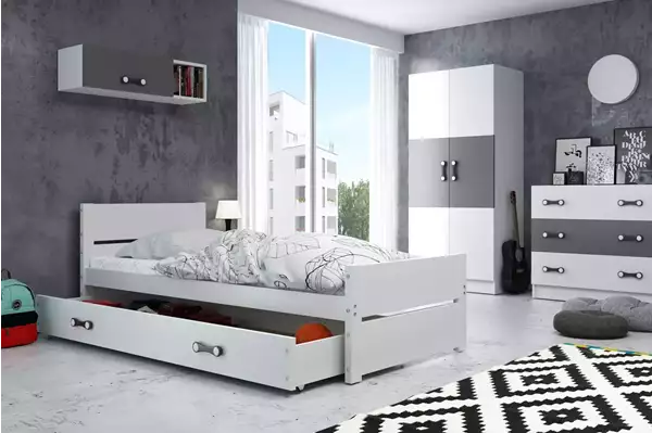 Visualisering av Enkelsäng för ungdom BARTEK 90X200 med låda, vit