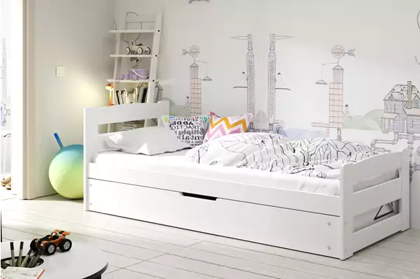 Visualisering av Enkelsäng för ungdom ERNI 90X200 med förvaringsutrymme, vit
