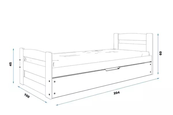 Storlek på Enkelsäng för ungdom ERNI 90X200 med madrass och förvaringslåda, grafit
