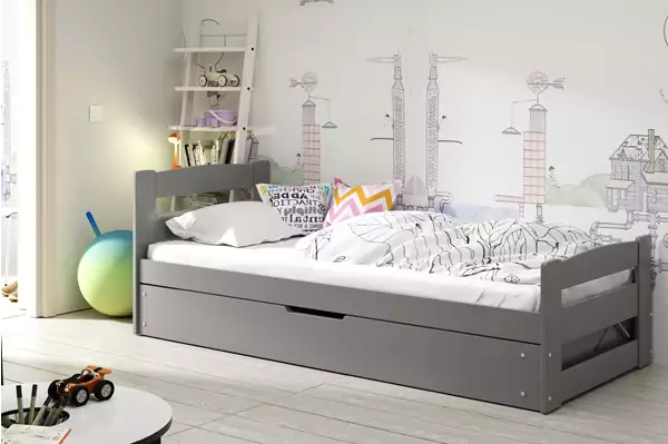 Visualisering av Enkelsäng för ungdom ERNI 90X200 med madrass och förvaringslåda, grafit