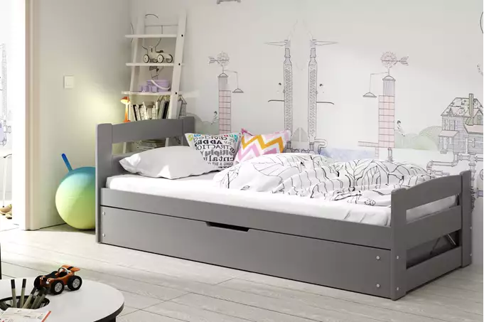 Visualisering av Enkelsäng för ungdom ERNI 90X200 med madrass och förvaringslåda, grafit