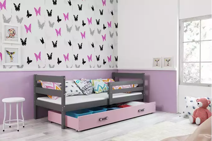 Visualisering av Enkelsäng för ungdom ERYK 80X190 med låda, grafit/rosa