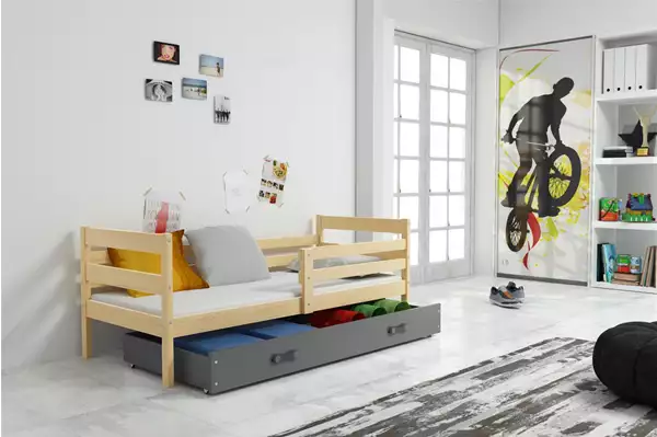 Visualisering av Enkelsäng för ungdom Eryk 80x190 med madrass och låda, furu/grafit