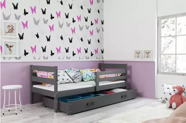 Visualisering av Enkelsäng för ungdom ERYK 80X190 med madrass och låda, grafitfärgad