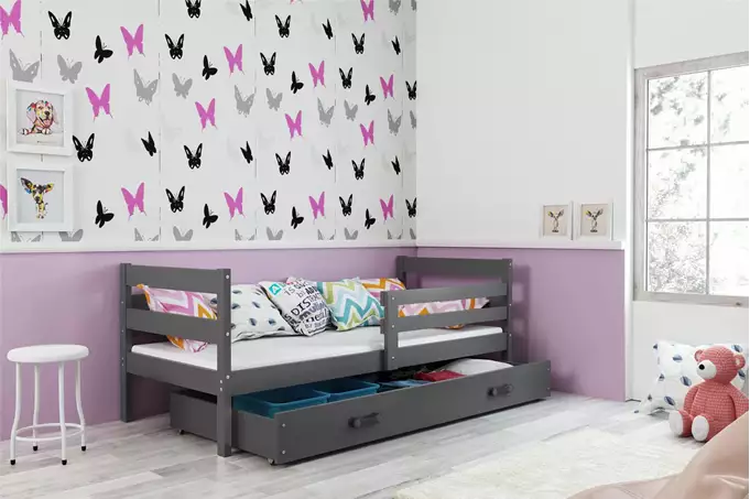 Visualisering av Enkelsäng för ungdom ERYK 80X190 med madrass och låda, grafitfärgad