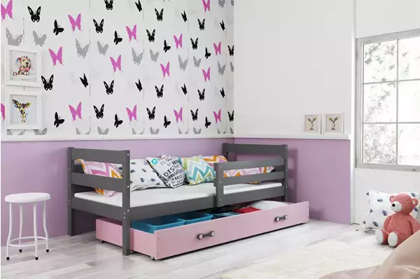 Visualisering av Enkelsäng för ungdom ERYK 90X190 med låda, grafit/rosa Visualisering av Enkelsäng för ungdom ERYK 90X190 med låda, grafit/rosa