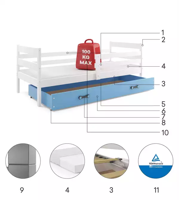 Beståndsdelar för Enkelsäng för ungdom ERYK 90X190 med låda, vit/blå Beståndsdelar för Enkelsäng för ungdom ERYK 90X190 med låda, vit/blå