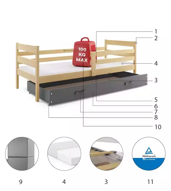 Beståndsdelar för Enkelsäng för ungdom ERYK 90X200 med låda, furu/grafit