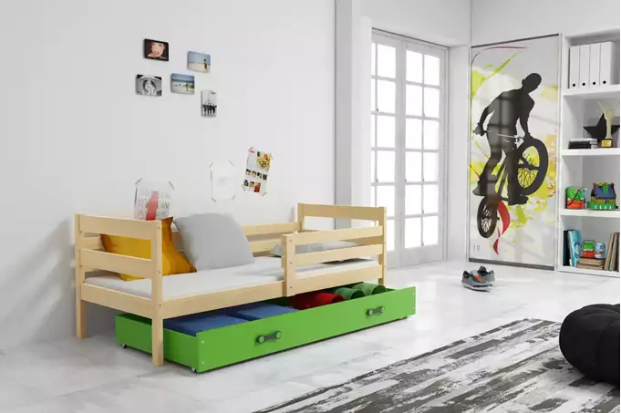 Visualisering av Enkelsäng för ungdom ERYK 90X200 med låda, furu/grön
