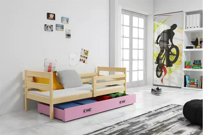 Visualisering av Enkelsäng för ungdom ERYK 90x200 med madrass och låda, furu/rosa