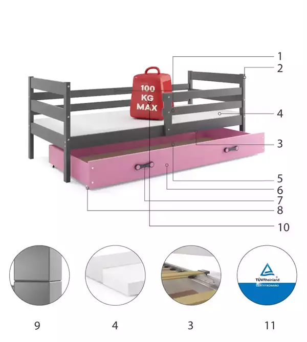 Beståndsdelar för Enkelsäng för ungdom ERYK 90X200 med madrass och låda, grafit/rosa Beståndsdelar för Enkelsäng för ungdom ERYK 90X200 med madrass och låda, grafit/rosa