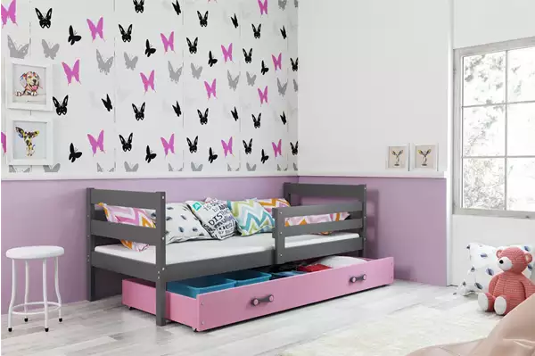 Visualisering av Enkelsäng för ungdom ERYK 90X200 med madrass och låda, grafit/rosa Visualisering av Enkelsäng för ungdom ERYK 90X200 med madrass och låda, grafit/rosa