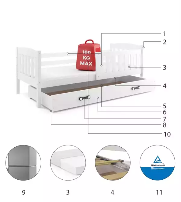 Beståndsdelar för Enkelsäng för ungdom KUBUŚ 80x190 med madrass och låda, vit
