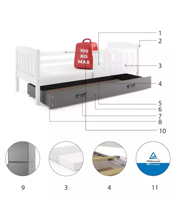Beståndsdelar för Enkelsäng för ungdom KUBUŚ 90X190 med madrass och låda, vit/grafit