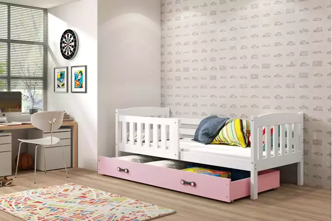 Visualisering av Enkelsäng för ungdom KUBUŚ 90X190 med madrass och låda, vit/rosa