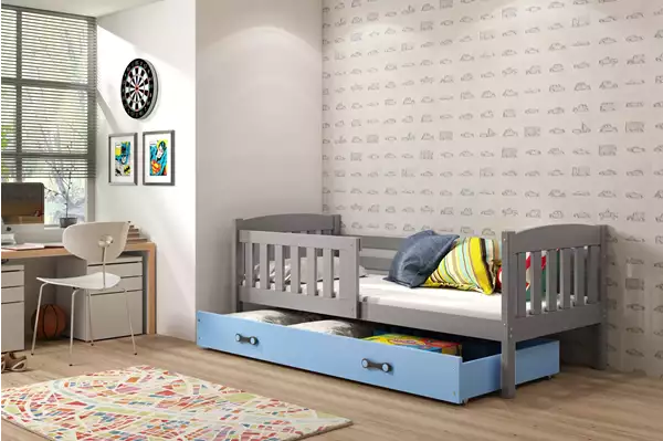 Visualisering av Enkelsäng för ungdom KUBUŚ 90X200 med låda, grafit/blå Visualisering av Enkelsäng för ungdom KUBUŚ 90X200 med låda, grafit/blå