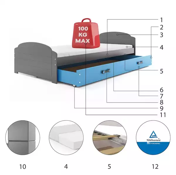 Beståndsdelar för Enkelsäng för ungdom LILI 90X200 med låda, grafit/blå