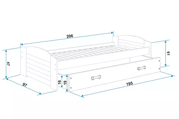 Storlek på Enkelsäng för ungdom LILI 90X200 med låda, grafit/blå