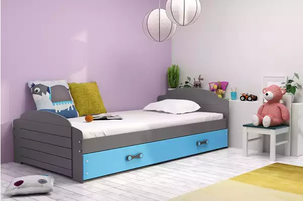 Visualisering av Enkelsäng för ungdom LILI 90X200 med låda, grafit/blå