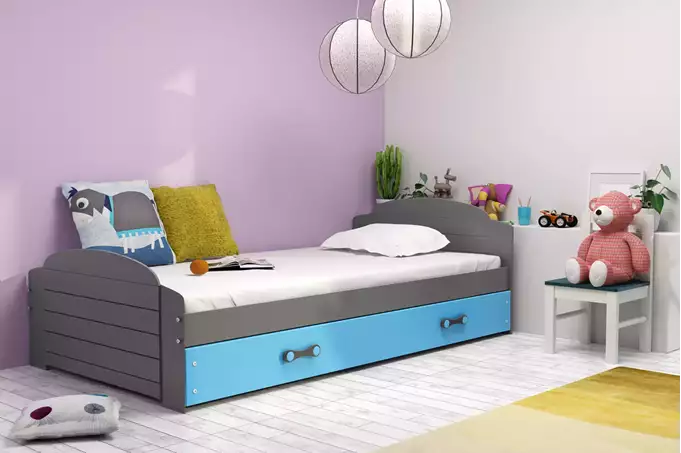 Visualisering av Enkelsäng för ungdom LILI 90X200 med låda, grafit/blå