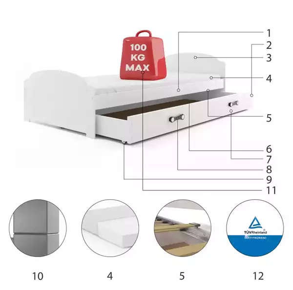 Beståndsdelar för Enkelsäng för ungdom LILI 90X200 med låda, vit