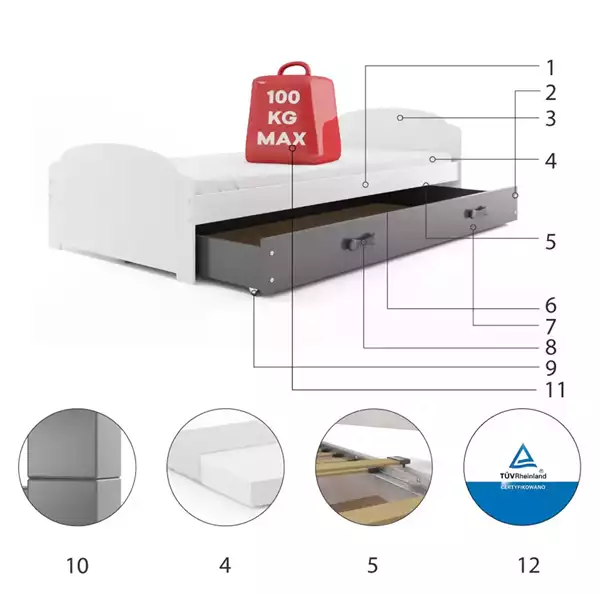 Beståndsdelar för Enkelsäng för ungdom LILI 90X200 med låda, vit/grafit Beståndsdelar för Enkelsäng för ungdom LILI 90X200 med låda, vit/grafit