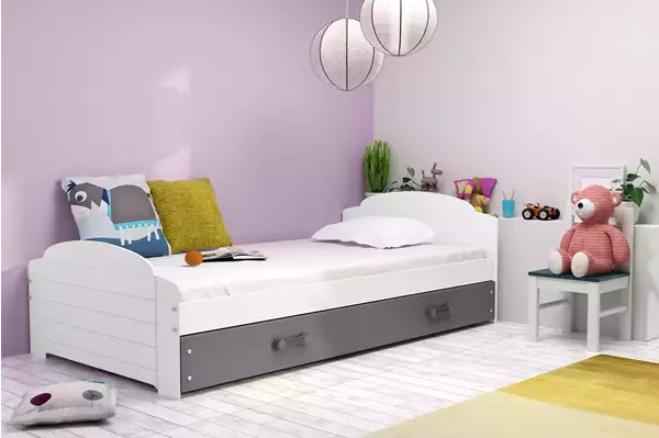 Visualisering av Enkelsäng för ungdom LILI 90X200 med låda, vit/grafit Visualisering av Enkelsäng för ungdom LILI 90X200 med låda, vit/grafit