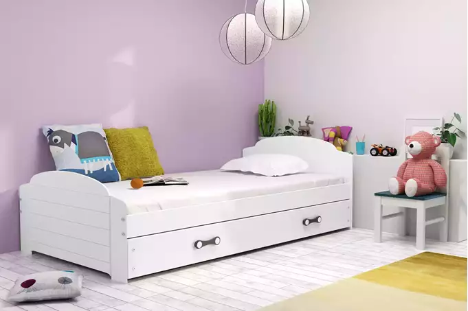 Visualisering av Enkelsäng för ungdom LILI 90X200 med låda, vit
