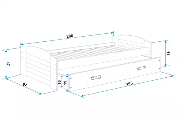 Storlek på Enkelsäng för ungdom LILI 90X200 med madrass och låda, grafit/grön