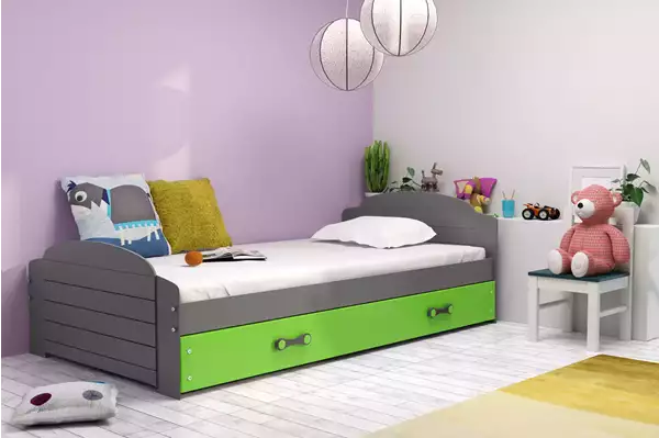 Visualisering av Enkelsäng för ungdom LILI 90X200 med madrass och låda, grafit/grön