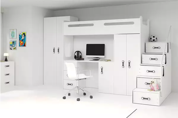 Visualisering av Enkelsäng för ungdom MAX 4 80X200 med madrass och skrivbord, vit