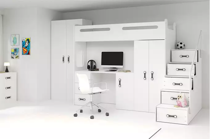 Visualisering av Enkelsäng för ungdom MAX 4 80X200 med madrass och skrivbord, vit