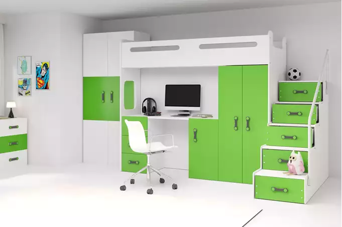 Visualisering av Enkelsäng för ungdom MAX 4 80x200 med skrivbord, grön