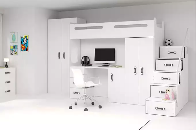 Visualisering av Enkelsäng för ungdom MAX 4 80X200 med skrivbord, vit