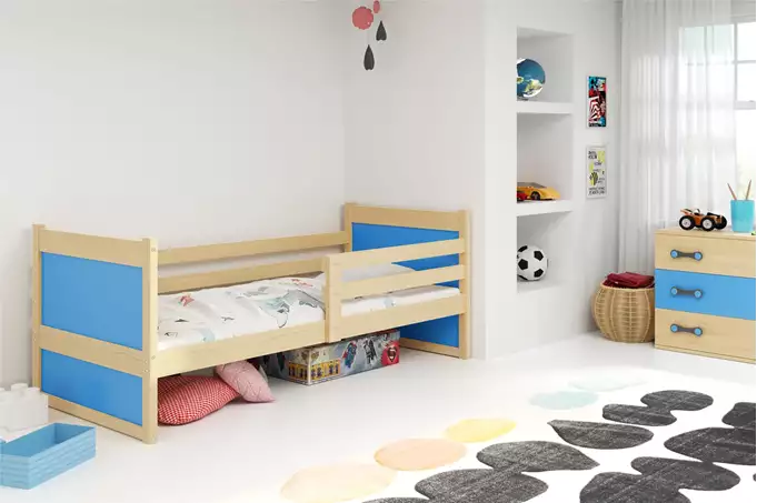 Visualisering av Enkelsäng för ungdom RICO 80x190, furu/blå