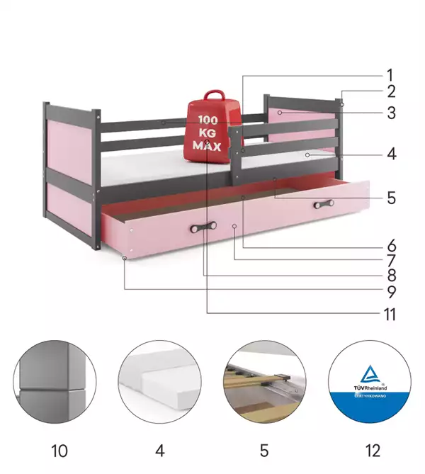 Beståndsdelar för Enkelsäng för ungdom RICO 90x190 med låda, grafit/rosa Beståndsdelar för Enkelsäng för ungdom RICO 90x190 med låda, grafit/rosa