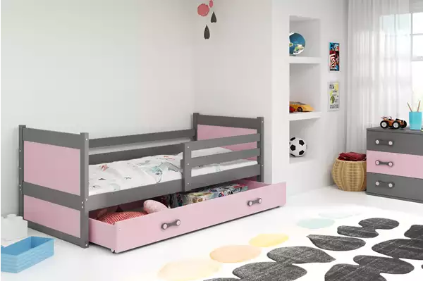 Visualisering av Enkelsäng för ungdom RICO 90x190 med låda, grafit/rosa Visualisering av Enkelsäng för ungdom RICO 90x190 med låda, grafit/rosa
