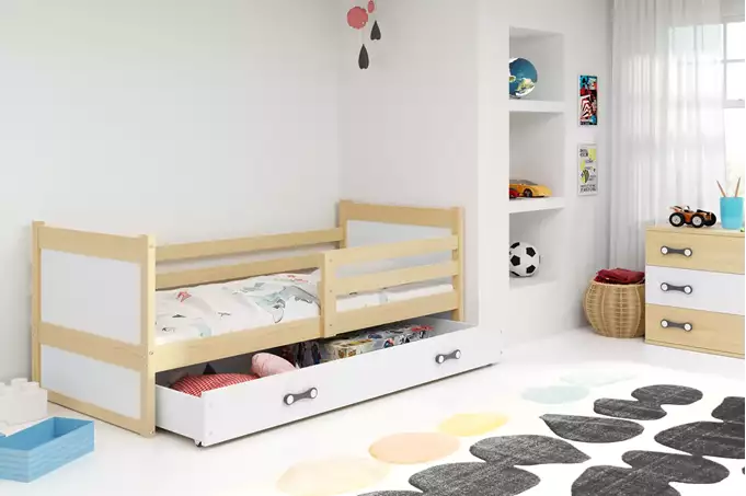 Visualisering av Enkelsäng för ungdom RICO 90x190 med låda, tall/vit