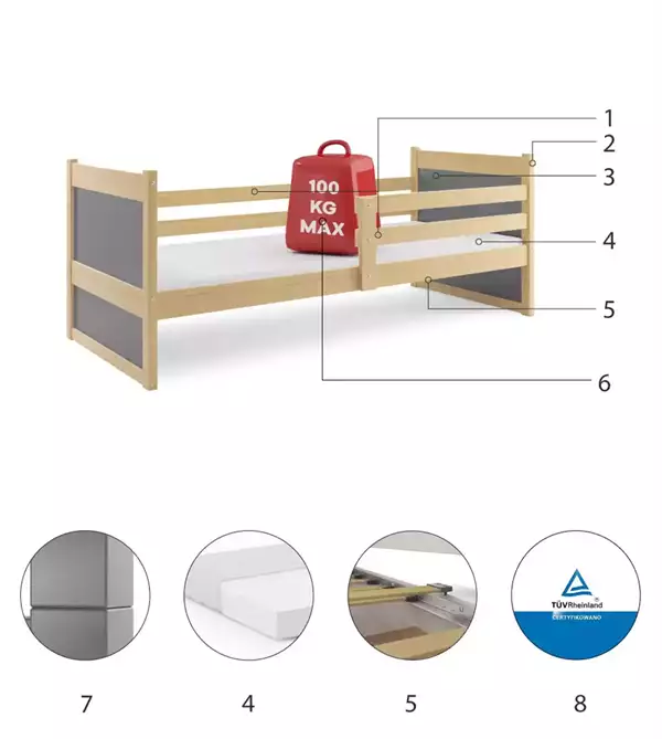 Beståndsdelar för Enkelsäng för ungdom RICO 90X190 med madrass, furu/grafit Beståndsdelar för Enkelsäng för ungdom RICO 90X190 med madrass, furu/grafit