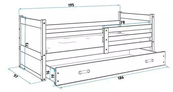 Storlek på Enkelsäng för ungdom RICO 90X190 med madrass, furu/rosa