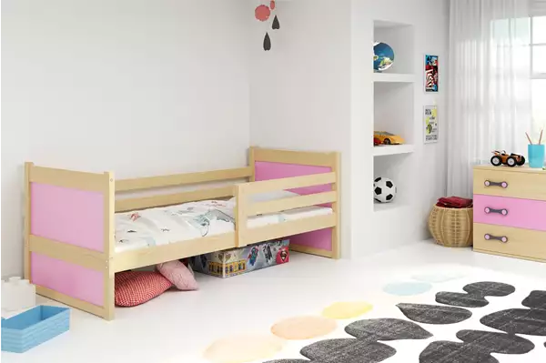 Visualisering av Enkelsäng för ungdom RICO 90X190 med madrass, furu/rosa