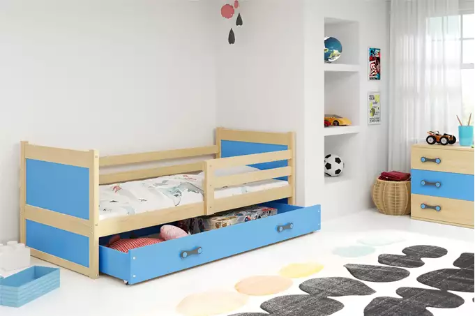 Visualisering av Enkelsäng för ungdom RICO 90X190 med madrass och låda, furu/blå