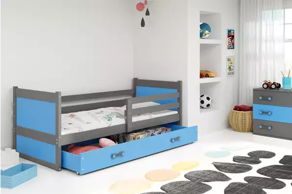 Visualisering av Enkelsäng för ungdom RICO 90X190 med madrass och låda, grafit/blå