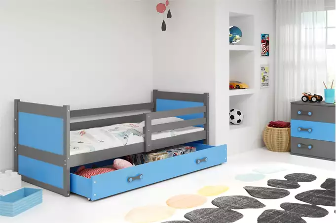 Visualisering av Enkelsäng för ungdom RICO 90X190 med madrass och låda, grafit/blå