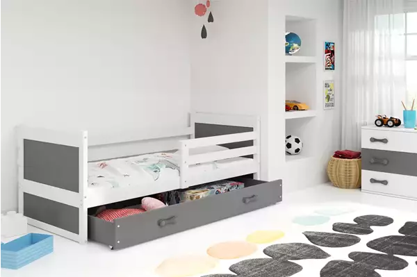 Visualisering av Enkelsäng för ungdom RICO 90X190 med madrass och låda, vit/grafit